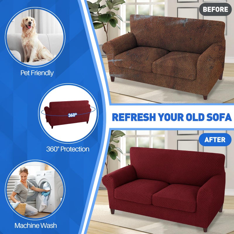 MAXIJIN 3 Piece Jacquard Couch Covers for 2 Cushion Couch Stretch Non Slip Love Seat Couch Cover for Dogs Pet Friendly Elastic Furniture Protector Loveseat Slipcovers (Loveseat, Wine Red) - Image 5